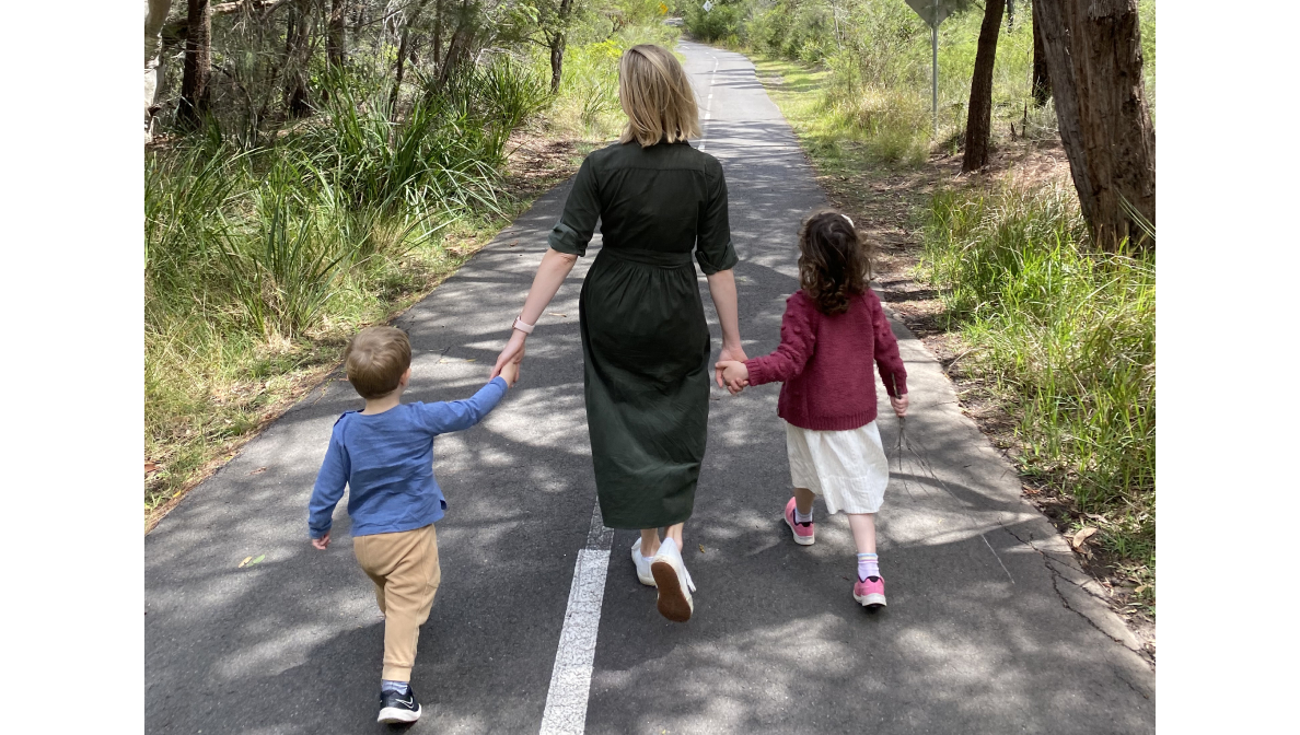 Jill and the kids walking